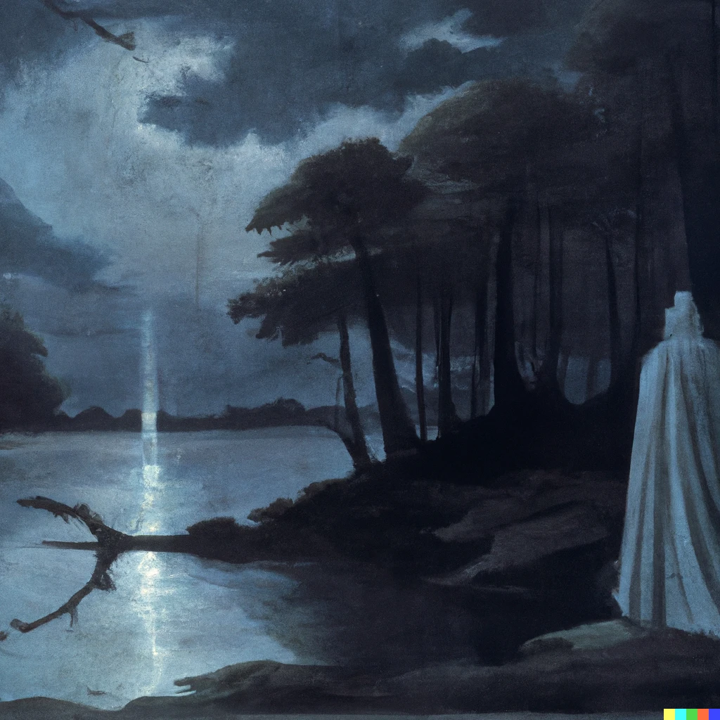 Prompt: A hooded woman, wearing plate armor and an azure cloak, holding a silver longsword, standing on the shore of a lake with a strange monolith in the water, all in a dark forest at night with pale moonlight and dark clouds, by Caspar David friedrich