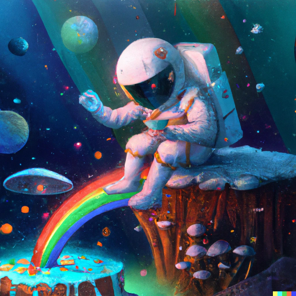 Prompt: An astronaut eating a magic mushroom birthday cake while surfing rainbows to the moon, digital art