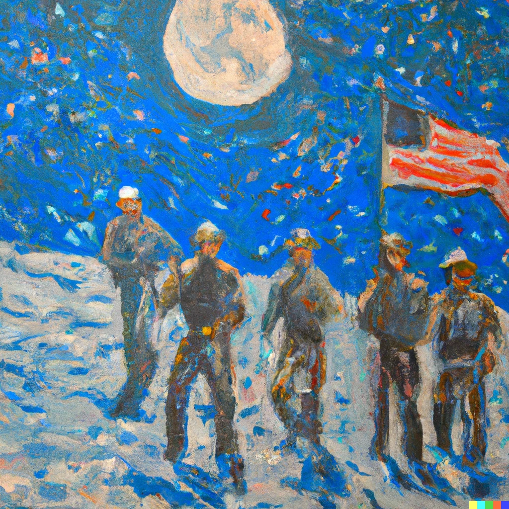 Prompt: Impressionist painting of American Marines on the moon