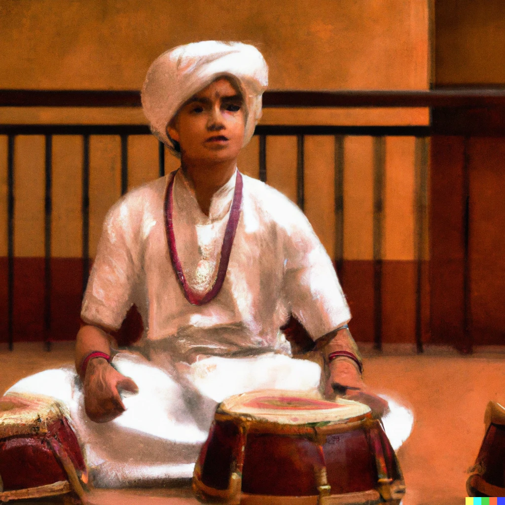 Prompt: oil painting of an Indian boy wearing traditional attire playing tabla in a hall