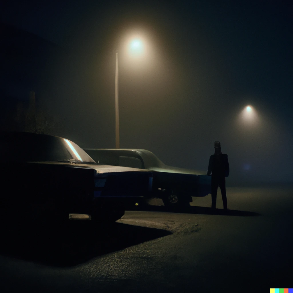 Prompt: A photo of a foggy street at night, dimly lit by street lamps, a vintage car is parked on the side of the street, a dark silhouette of a man leans standing near the car