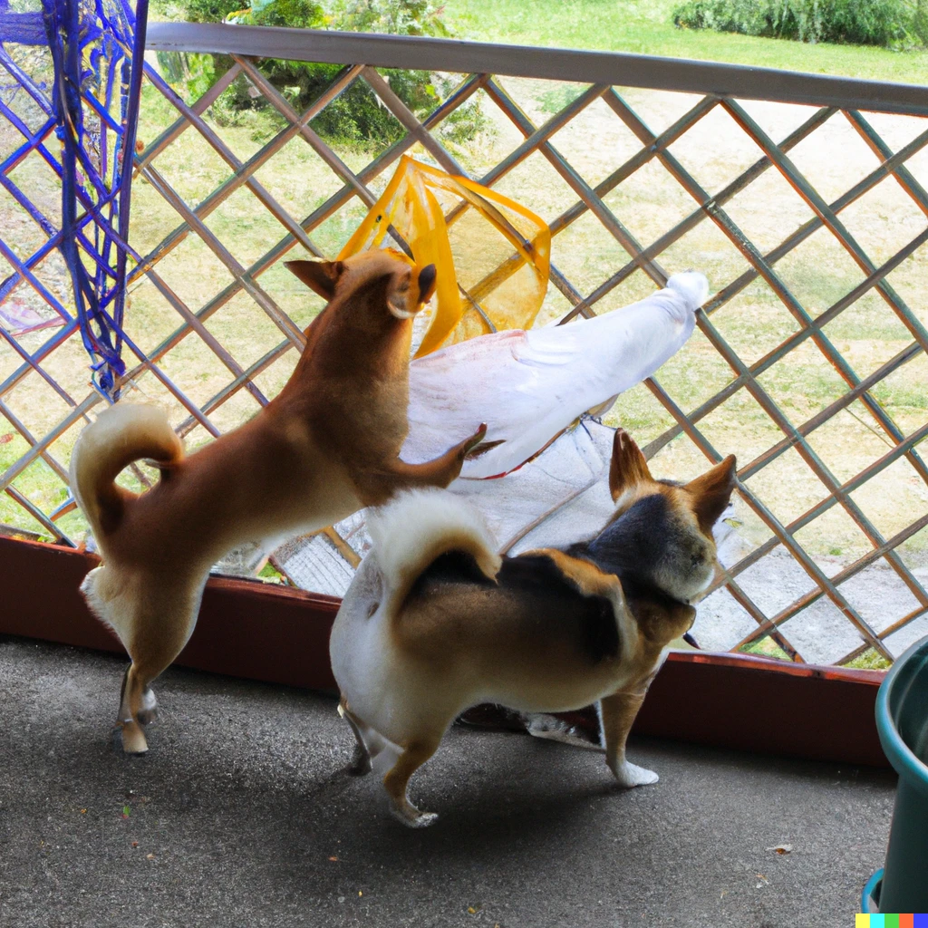 Prompt:  Pomeranian-chihuahua defending their home from a plastic bag blowing around outside