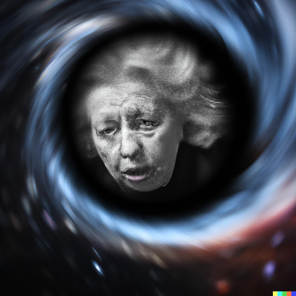 Prompt: A photo of an old lady orbiting a black hole in space