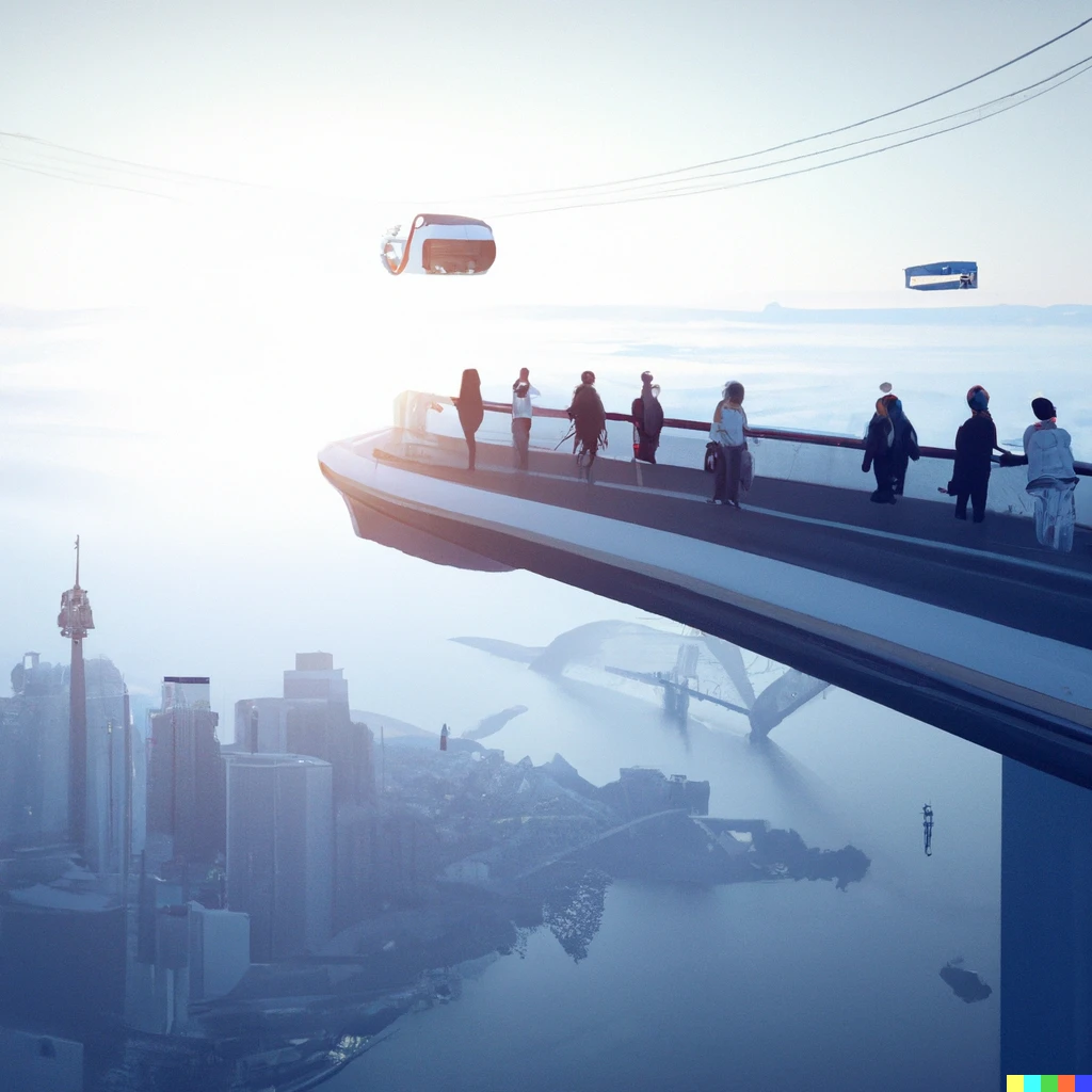 Prompt:  A flying bridge with dozens of passengers hovering above the skyscrapers of a futuristic city