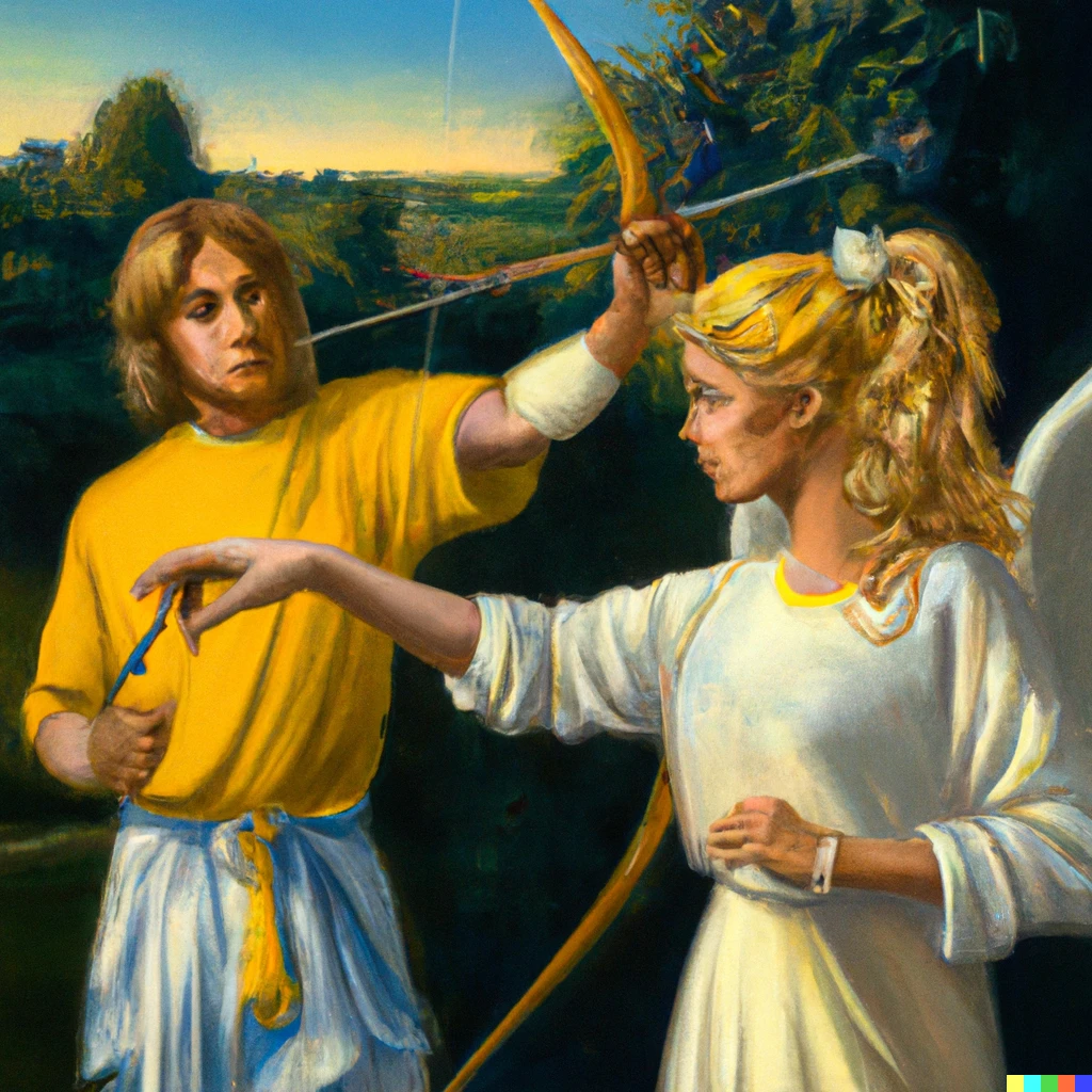 Prompt: A painting in the style of John singer Sargent of A blond male angel wearing a vintage 90s Coca-Cola sweatshirt teaching a female angel wearing a yellow polo how to shoot arrows with a bow
