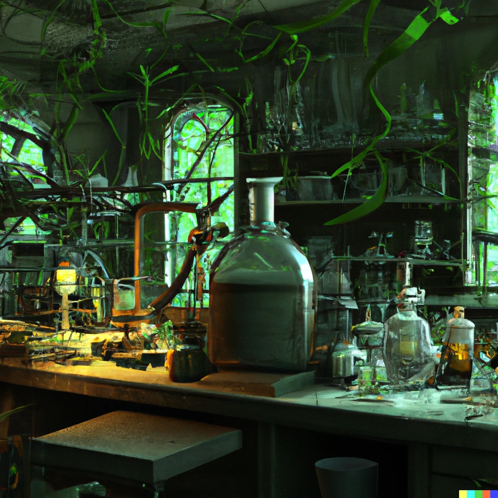 Prompt: A laboratory overgrown with plants, digital art