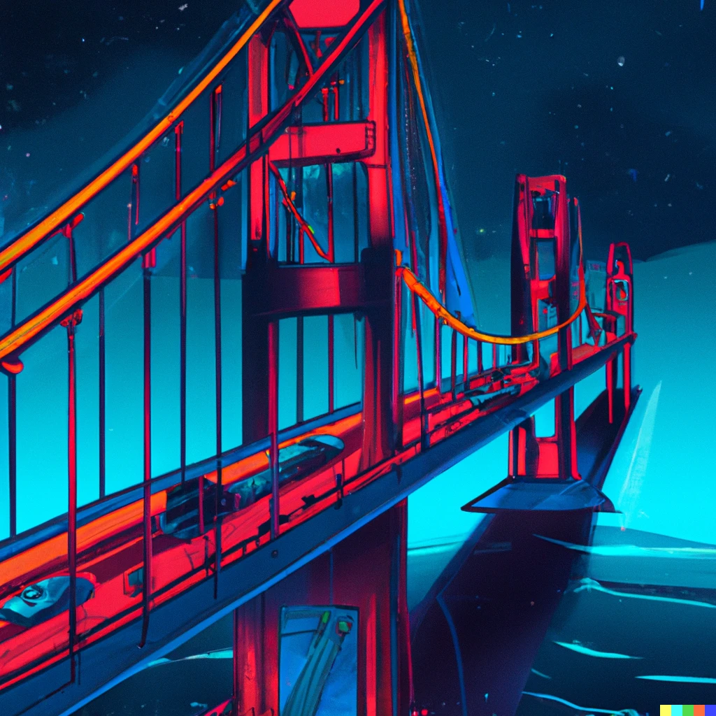 Prompt: A cyberpunk illustration of the San Francisco Golden Gate Bridge, digital art