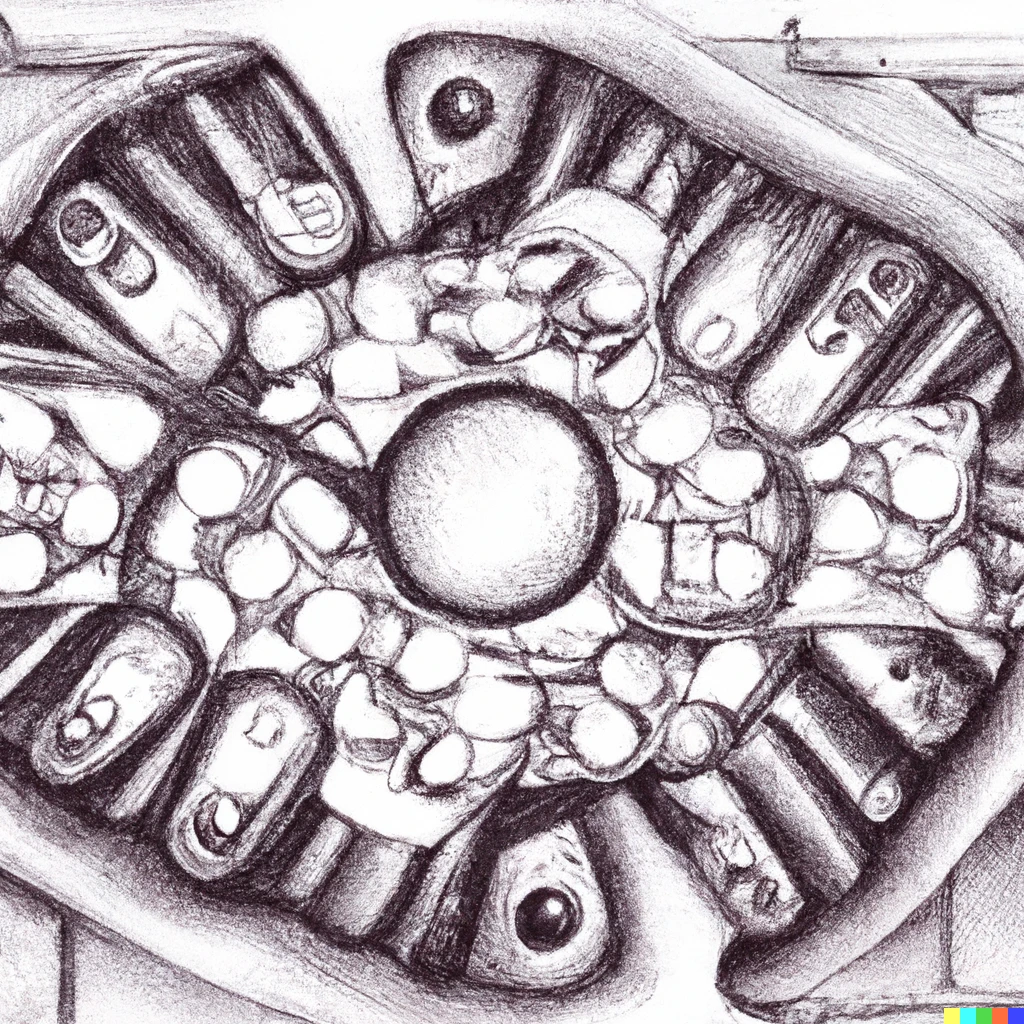 Prompt: A cross hatching sketch of a cross-section of a cell, with the proteins depicted as machines.