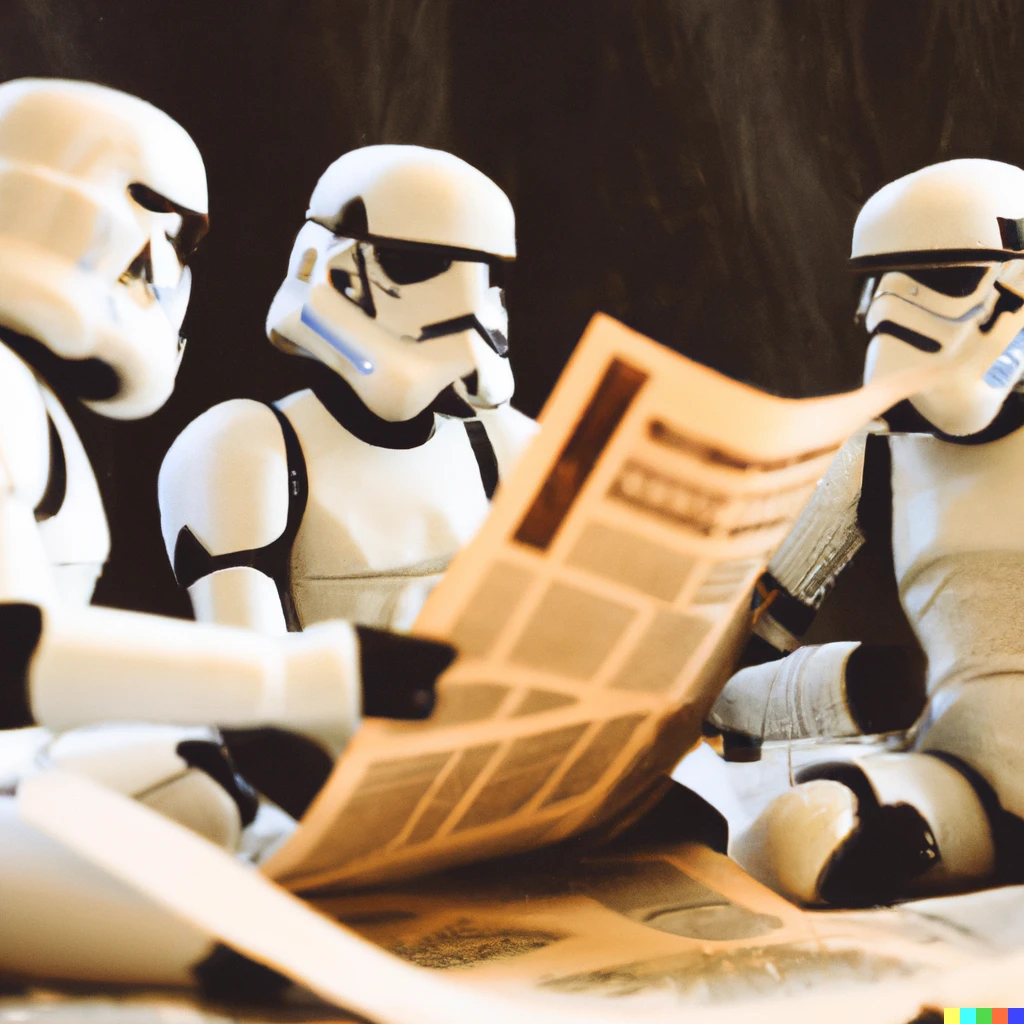Prompt: Storm Troopers debating the ethics of working for the Empire