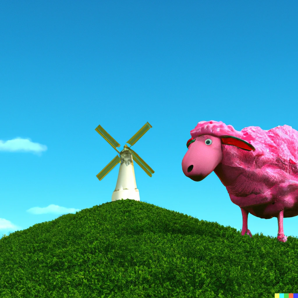 Prompt: A playful 3D pink sheep with a golden horn grazing on a green hill with a blue sky and a windmill in the background.