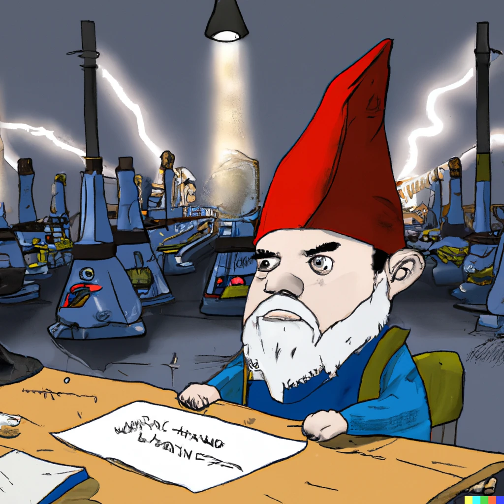 Prompt: A gnome working in the Tesla factory