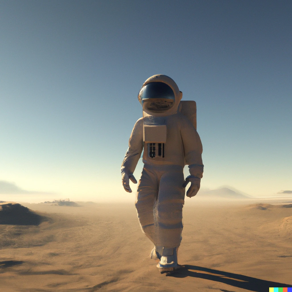 Prompt: A 3D render of an astronaut walking in the desert