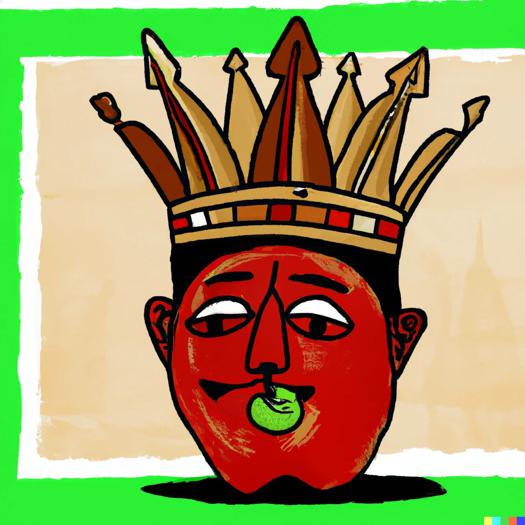 Prompt: A painting of an eaten apple crowned as king of an Indonesian grocery store