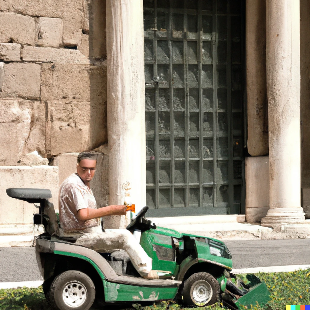 Prompt: A german with a lawn mower at a Starbucks drive-thru in ancient Rome