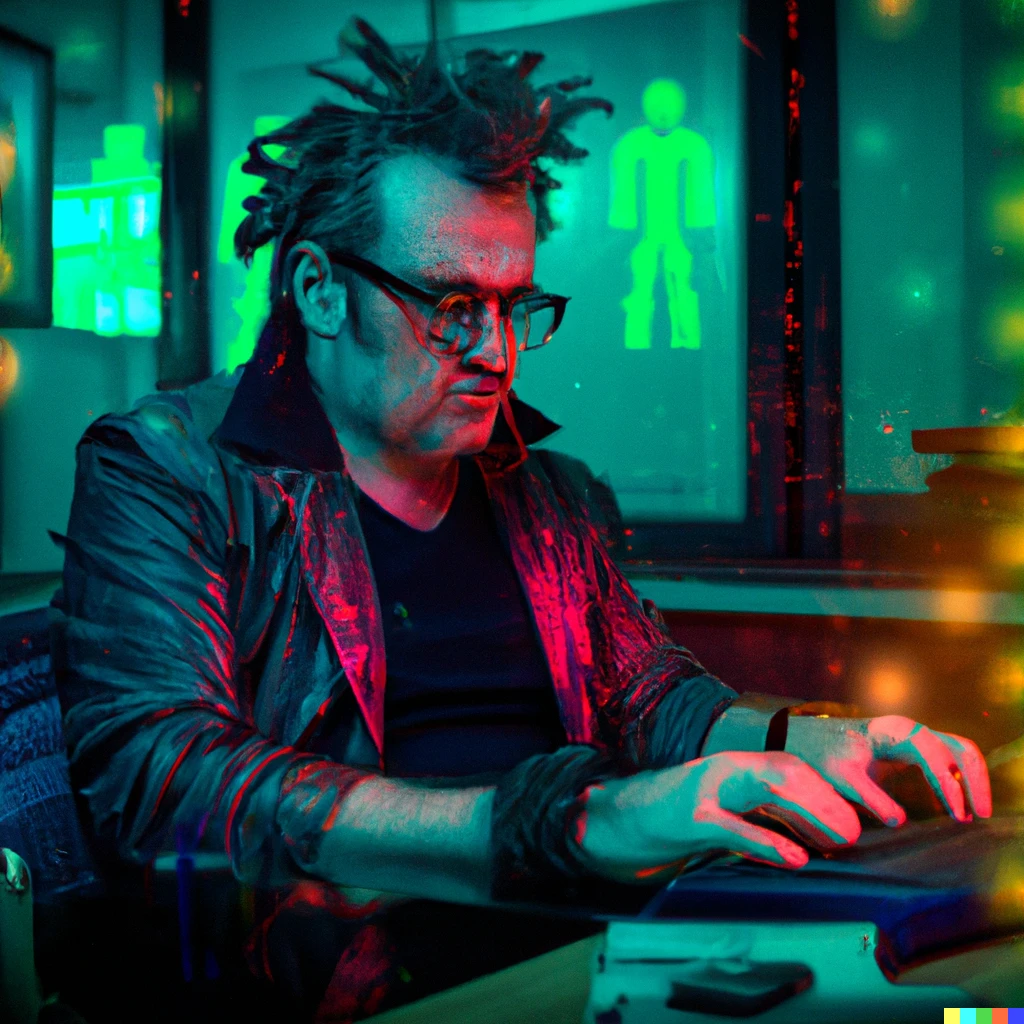 Prompt: Isaac Asimov typing a novel in a cyberpunk environment