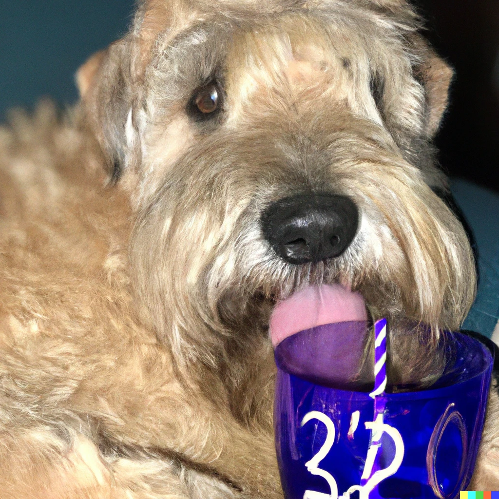 Prompt: A Wheaten Terrier celebrating my birthday with a drink!