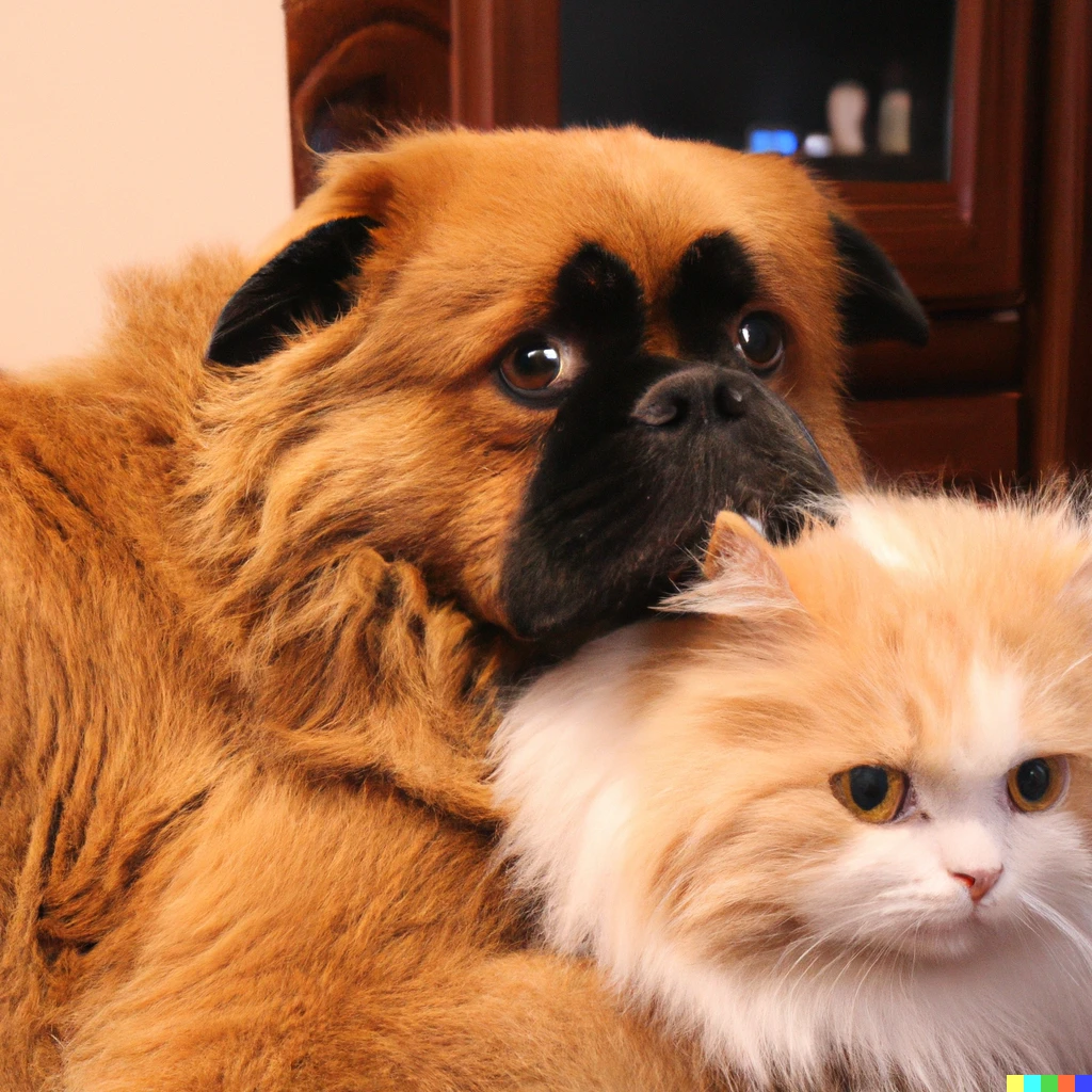 Prompt: A Persian cat hugging with a large dog