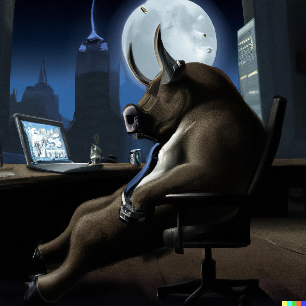 Prompt: A bull trading stocks in his office at night while staring at the moon across NYSE