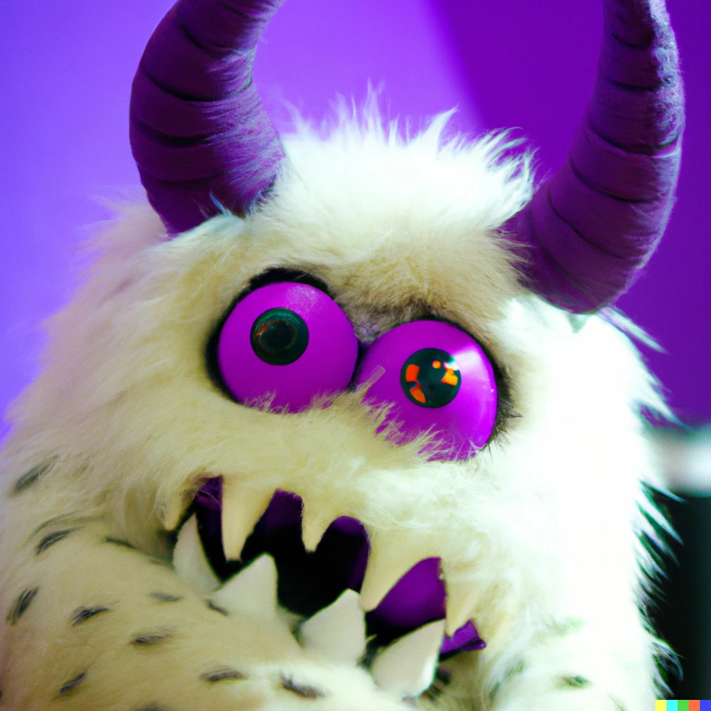 Prompt: A photograph of a cute white furry monster with horns in a violet room