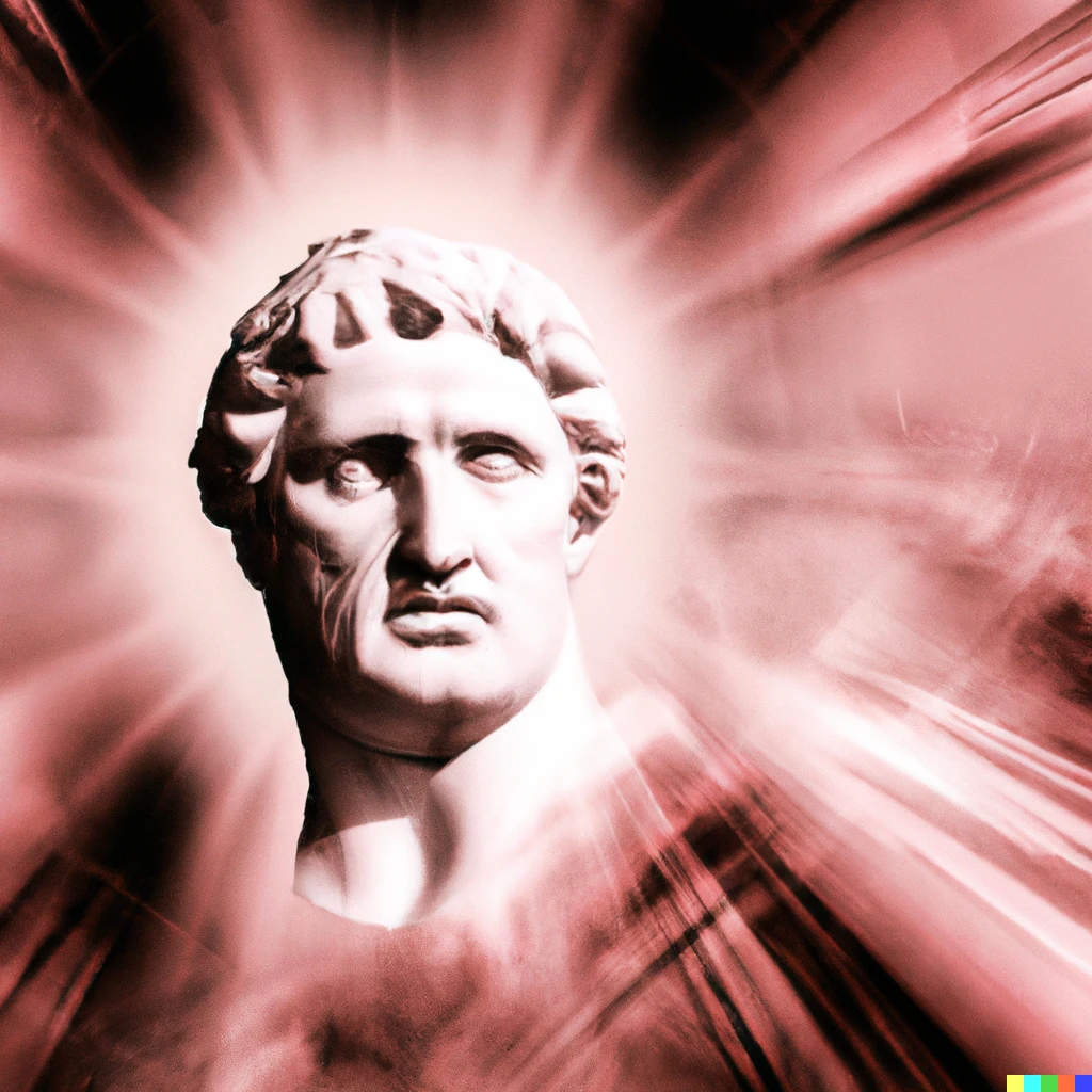 Prompt: Ancient greek bust, time traveling into the future, as digital art