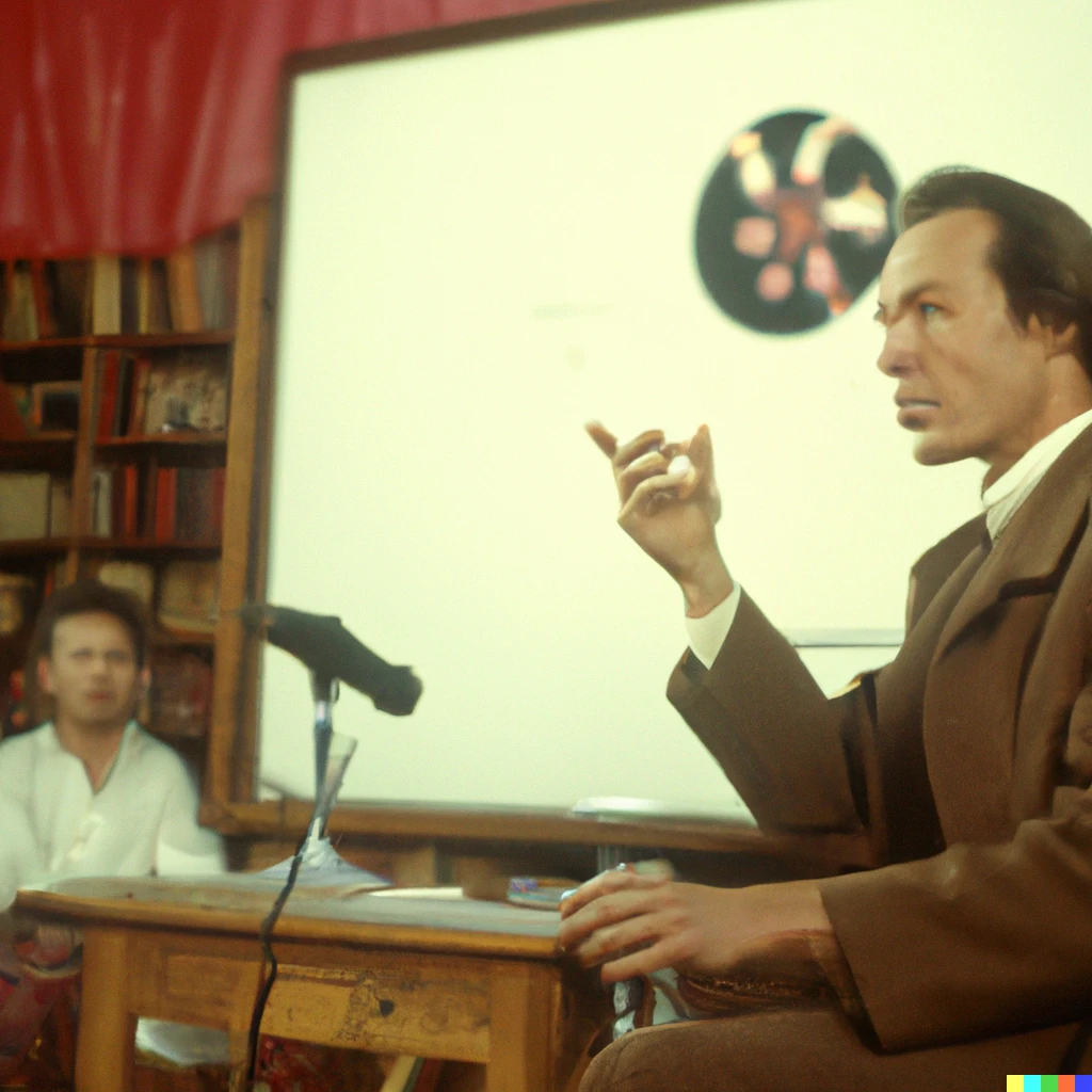 Prompt: Richard Feynman giving a lecture in Tuva