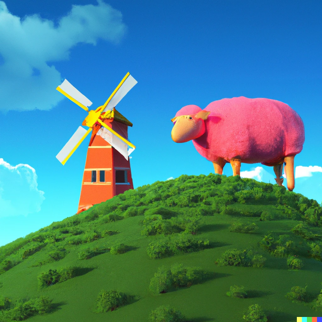 Prompt: A playful 3D pink sheep with a golden horn grazing on a green hill with a blue sky and a windmill in the background.