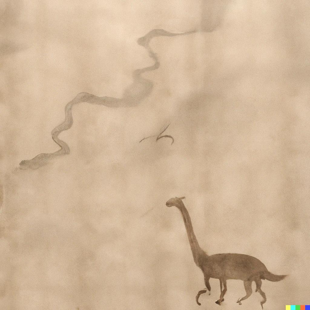Prompt: an ancient Chinese scroll painting of diplodocus wandering in the mist