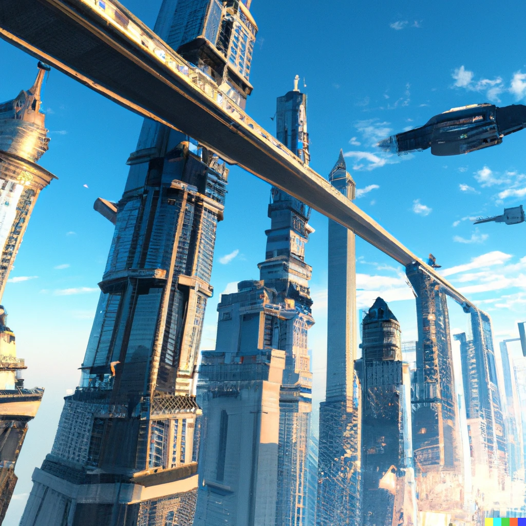Prompt:  A flying bridge above the skyscrapers of a futuristic city, digital art