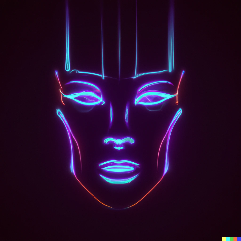 Prompt: A centered futuristic neon lit cyborg face
