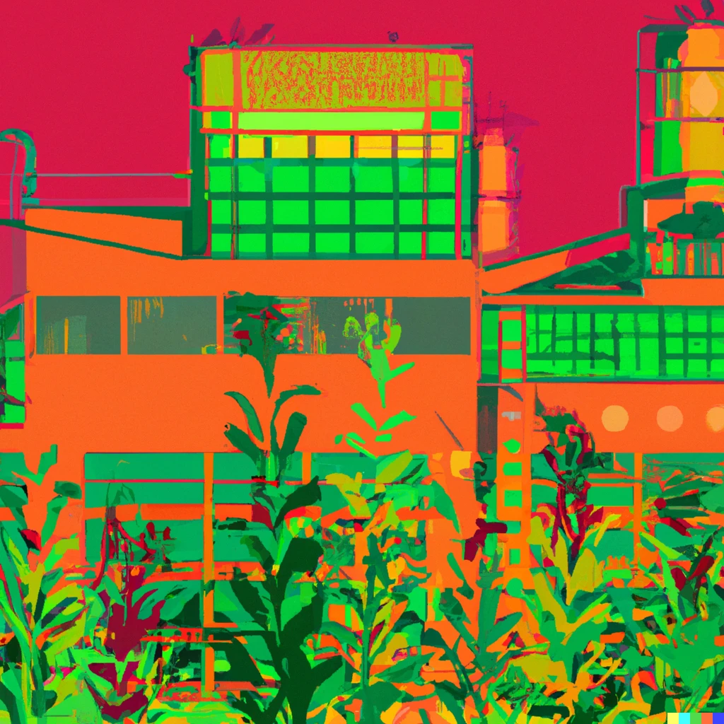 Prompt:  A colorful geometric drawing of a factory overgrown with plants