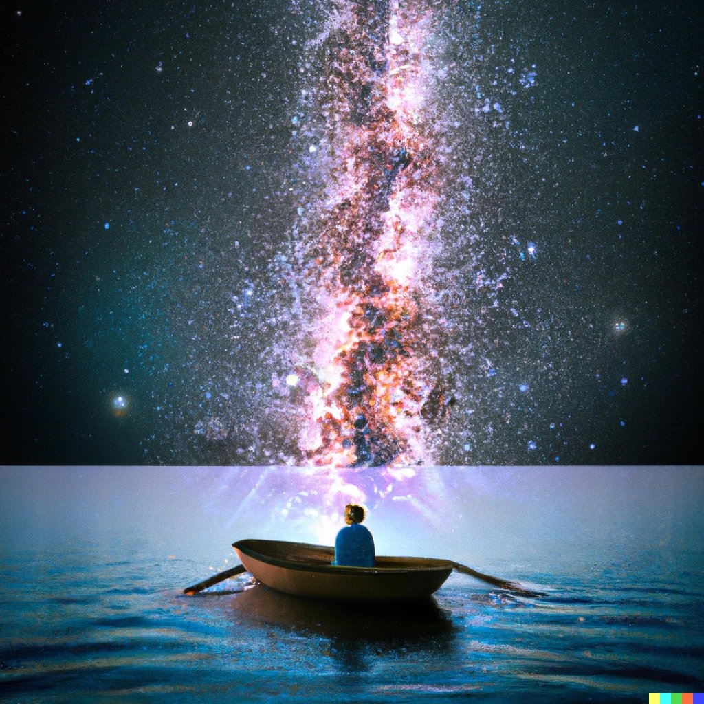 Prompt: A lone boy in a rowboat in the ocean under the milky way