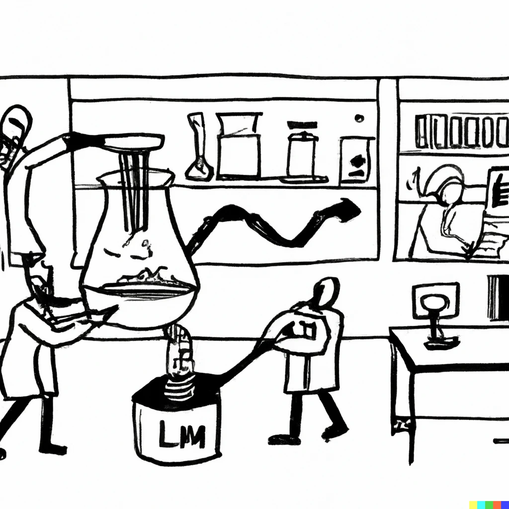Prompt: A doodle of scientists working in a lab to feed a machine learning model
