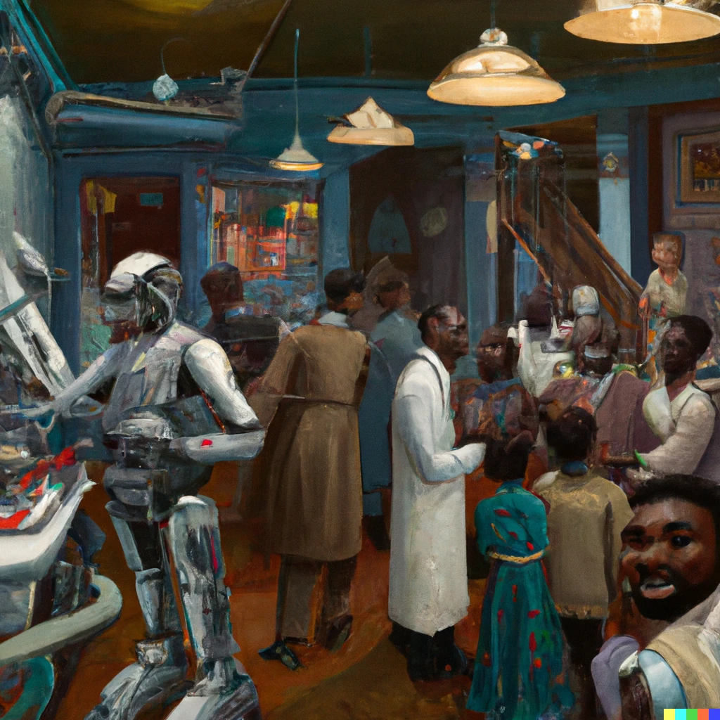 Prompt: humanoid droids and people queueing at barber shop at 60's san francisco, realistic painting, artstation