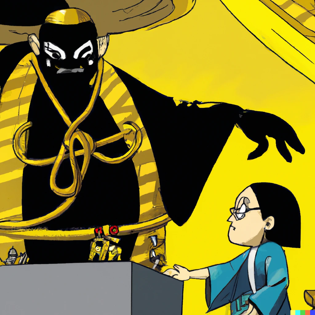 Prompt: a black demon offering heap of gold to a man who wears japanese traditional cloth, in style of spirited away (2001) 