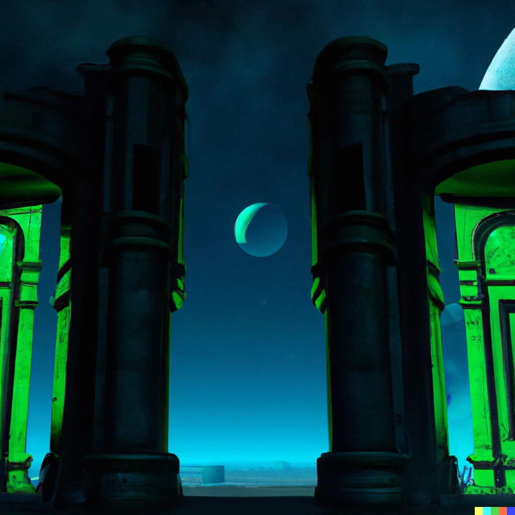 Prompt: the gates of town of an alien civilization on a dark planet in 4K and in the background 2 planets