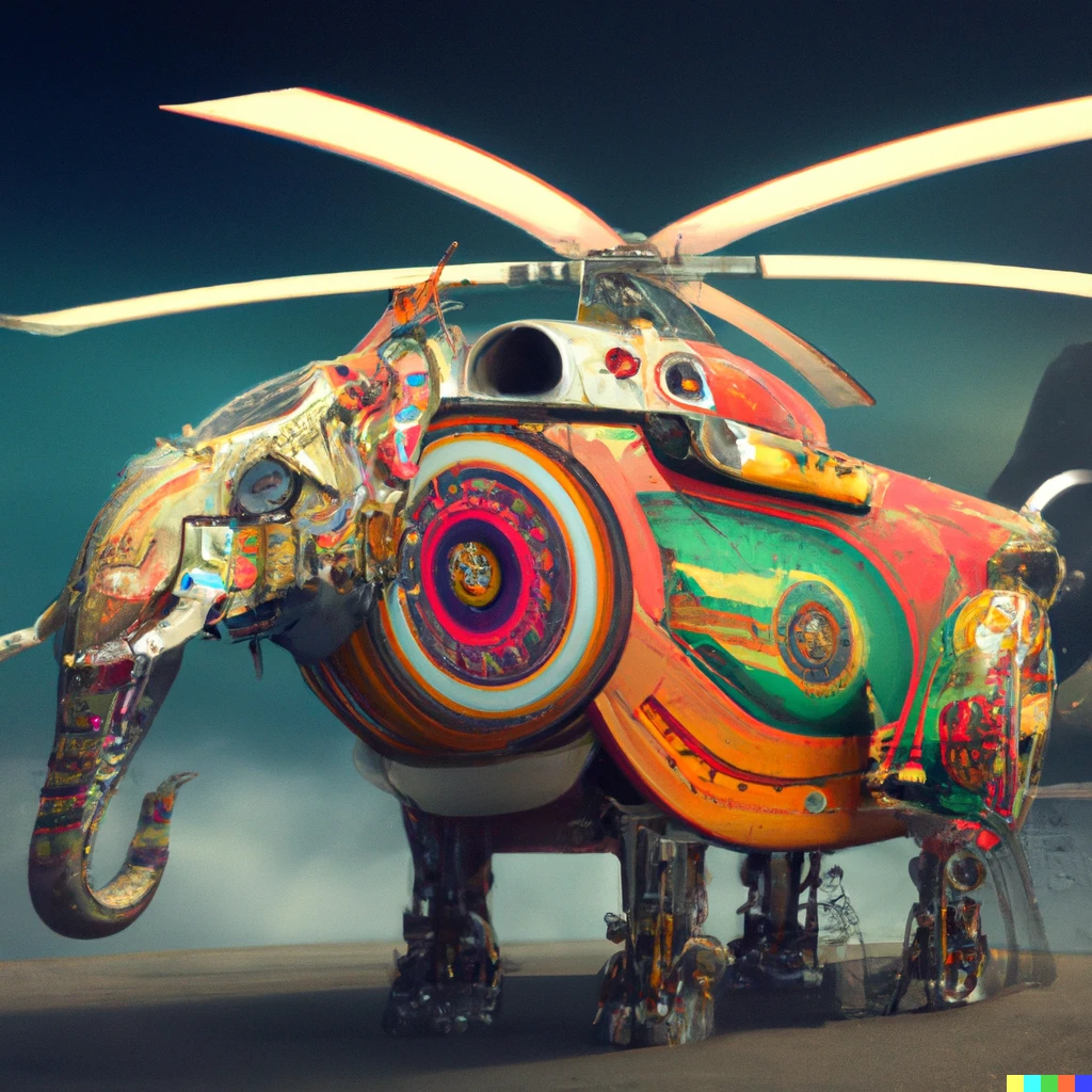 Prompt: helicopter decorated as Indian royal elephant, digital art