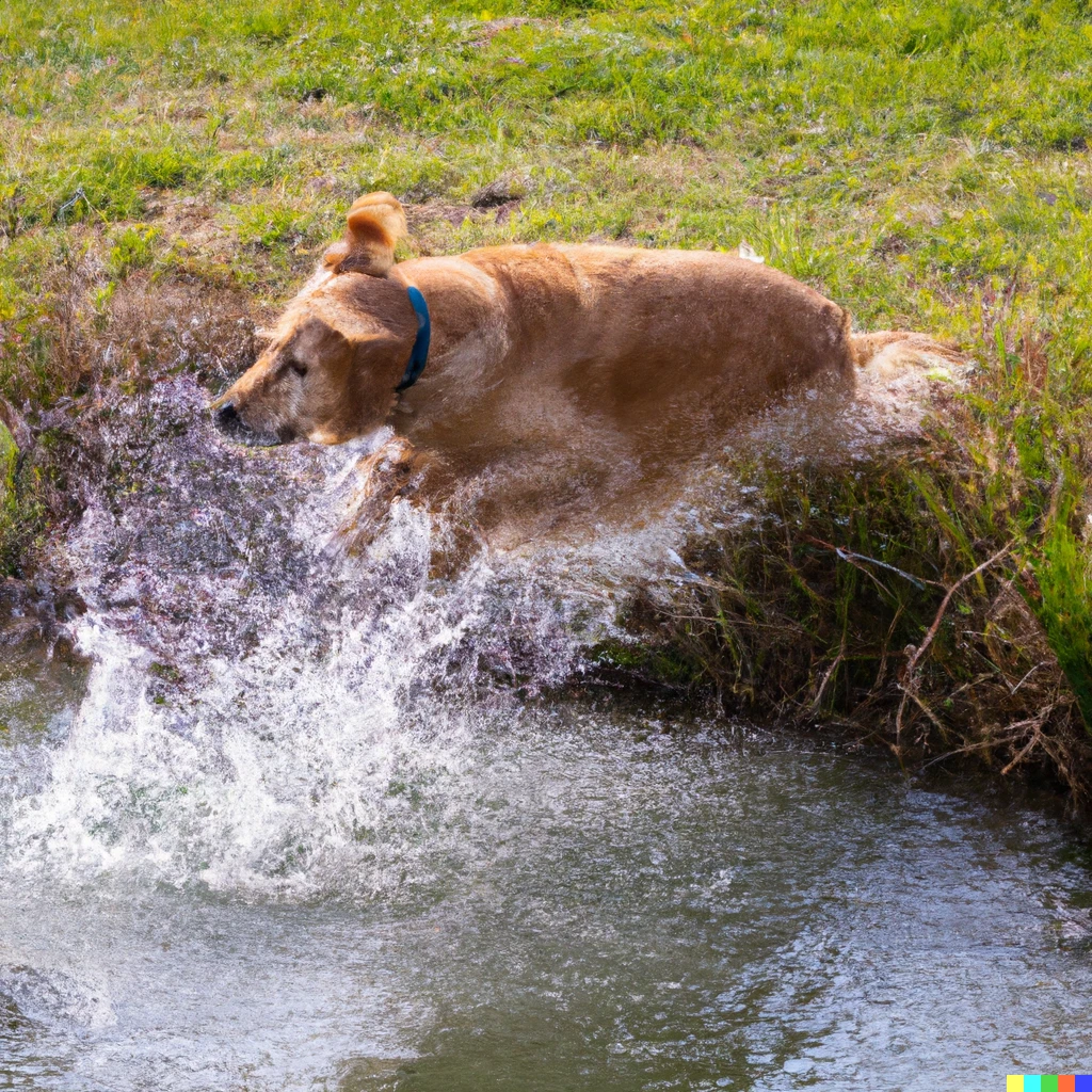 Prompt: a golden retriever splashing into a pond from the side of a grassy knoll