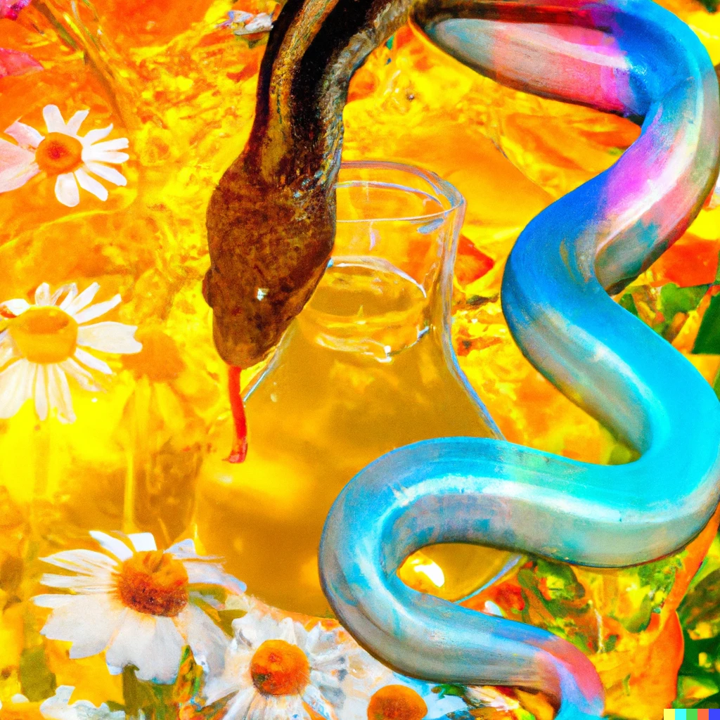 Prompt: Psychedelic image of feminine Eve, a snake and honey at the end of the summer 