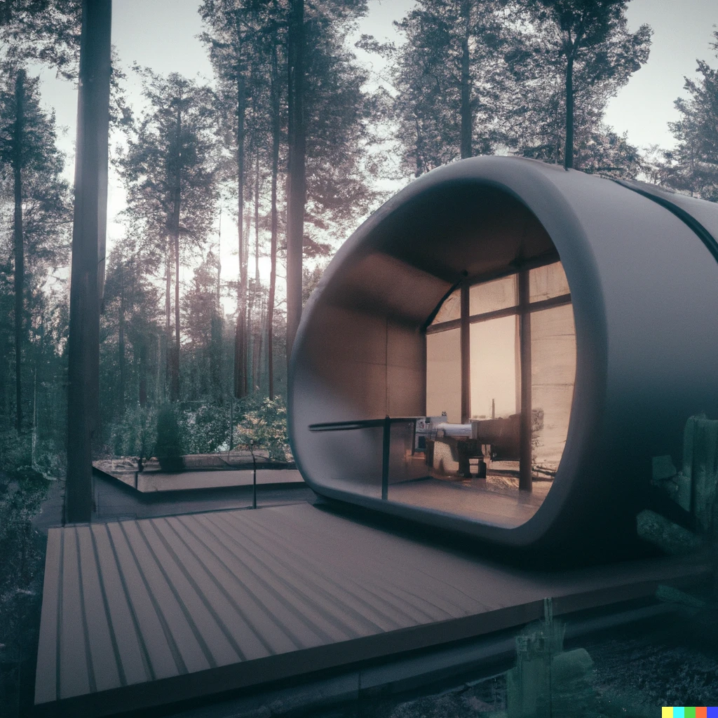 Prompt: Modern, futuristic cabin in the pine wood, realistic render | 930