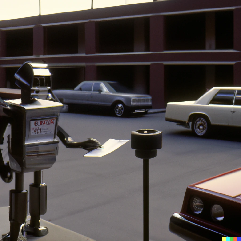 Prompt: A still of a bored robot assigning parking tickets to cars during an episode of the sopranos in 1975