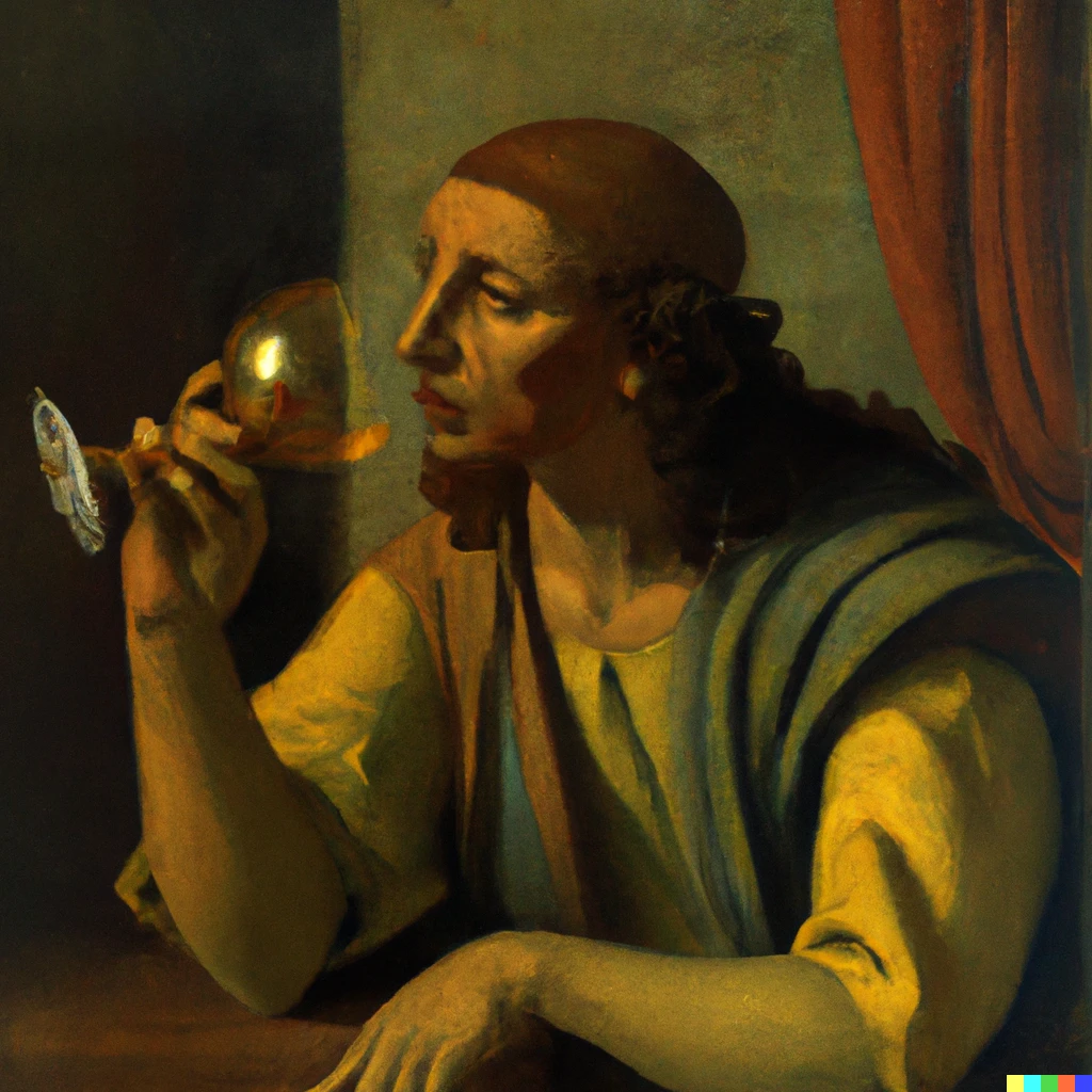 Prompt: “Dionysus drinking a glass of wine” by Johannes Vermeer