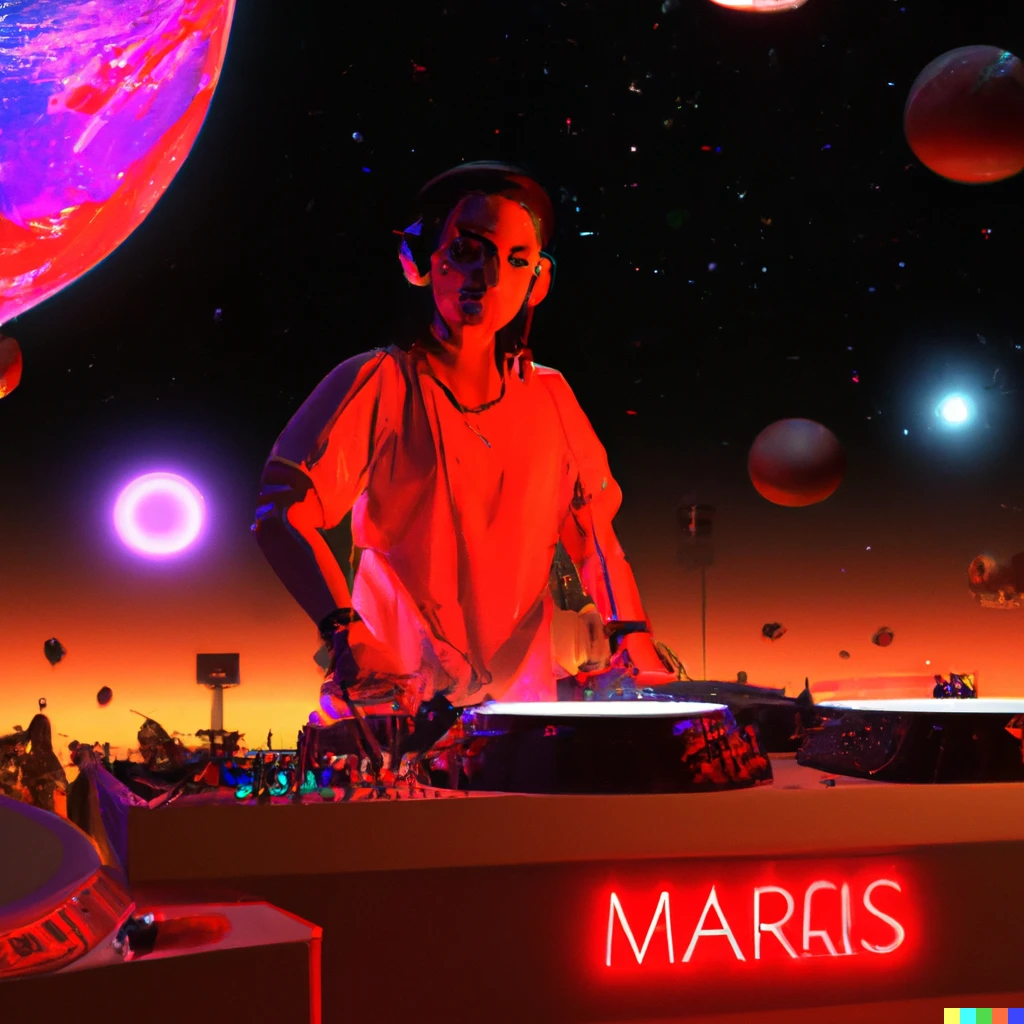 Prompt: a dj working a turntable on mars, universe behind him, crowd around him, neon lights hung up around them, 4k, digital art