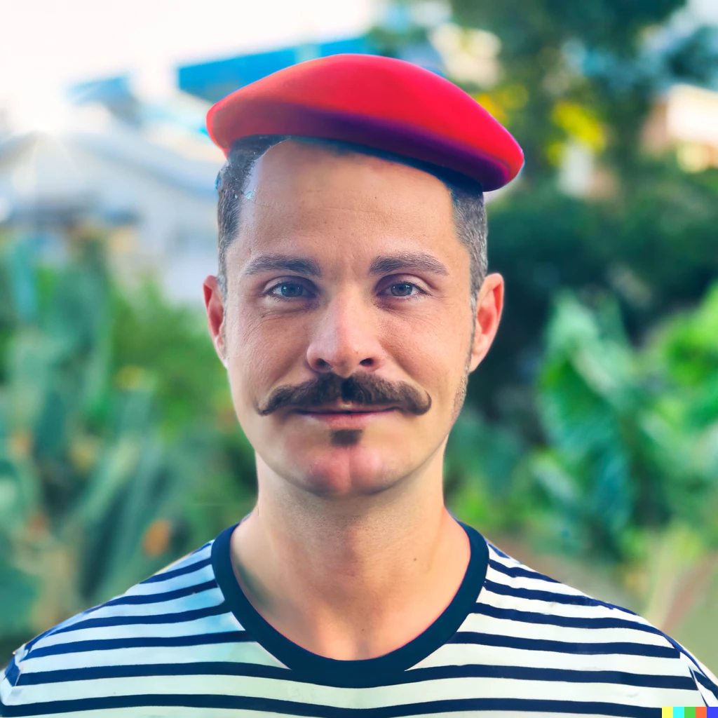 Prompt: remove beard and add french moustache and add a red french beret and a black and white striped shirt with a flower