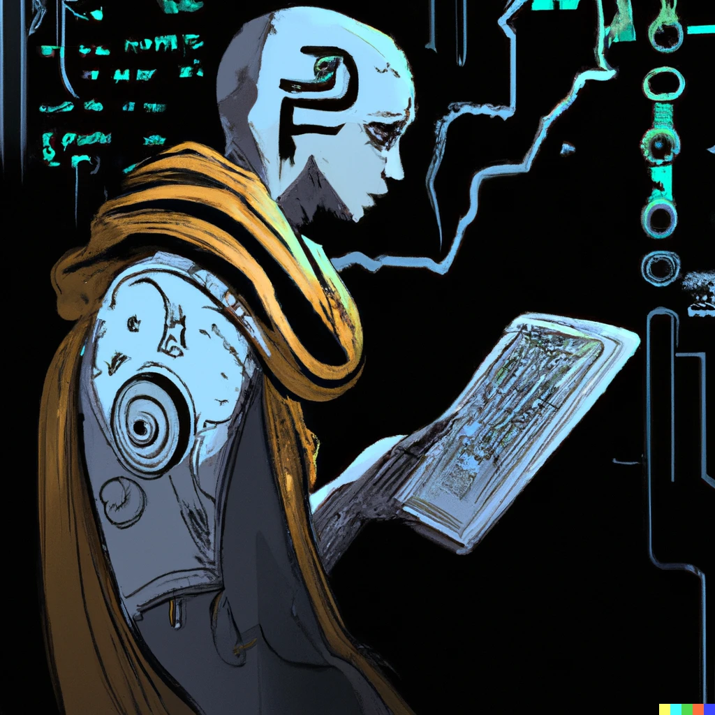 Prompt: A Jedi Padawan learning to program python cryptographic ai algorithms with their mind in cyberpunk drawing style