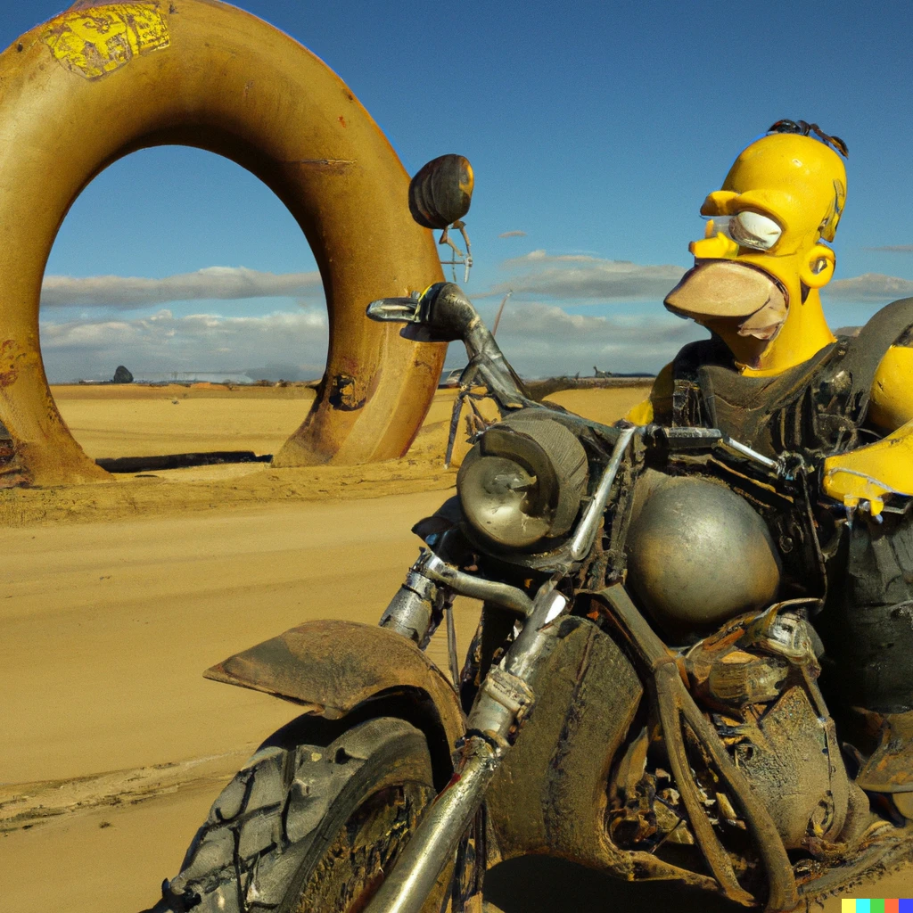 Prompt: a still of Homer Simpson in the 2015 film Mad Max: Fury Road