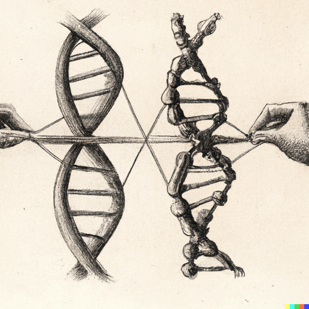 Prompt: A pencil drawing of male and female DNA recombining by Leonardo da Vinci 