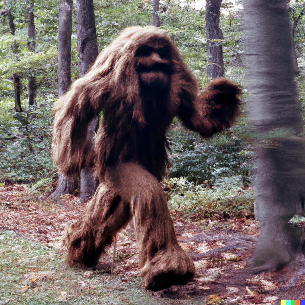 Prompt: a rare photo of a humanoid "big foot" that looks like the Wookiee "Chewbacca" running through the woods. Image is sharp, in focus and high shutter speed. Award winning photography 35mm. Good natural lighting.