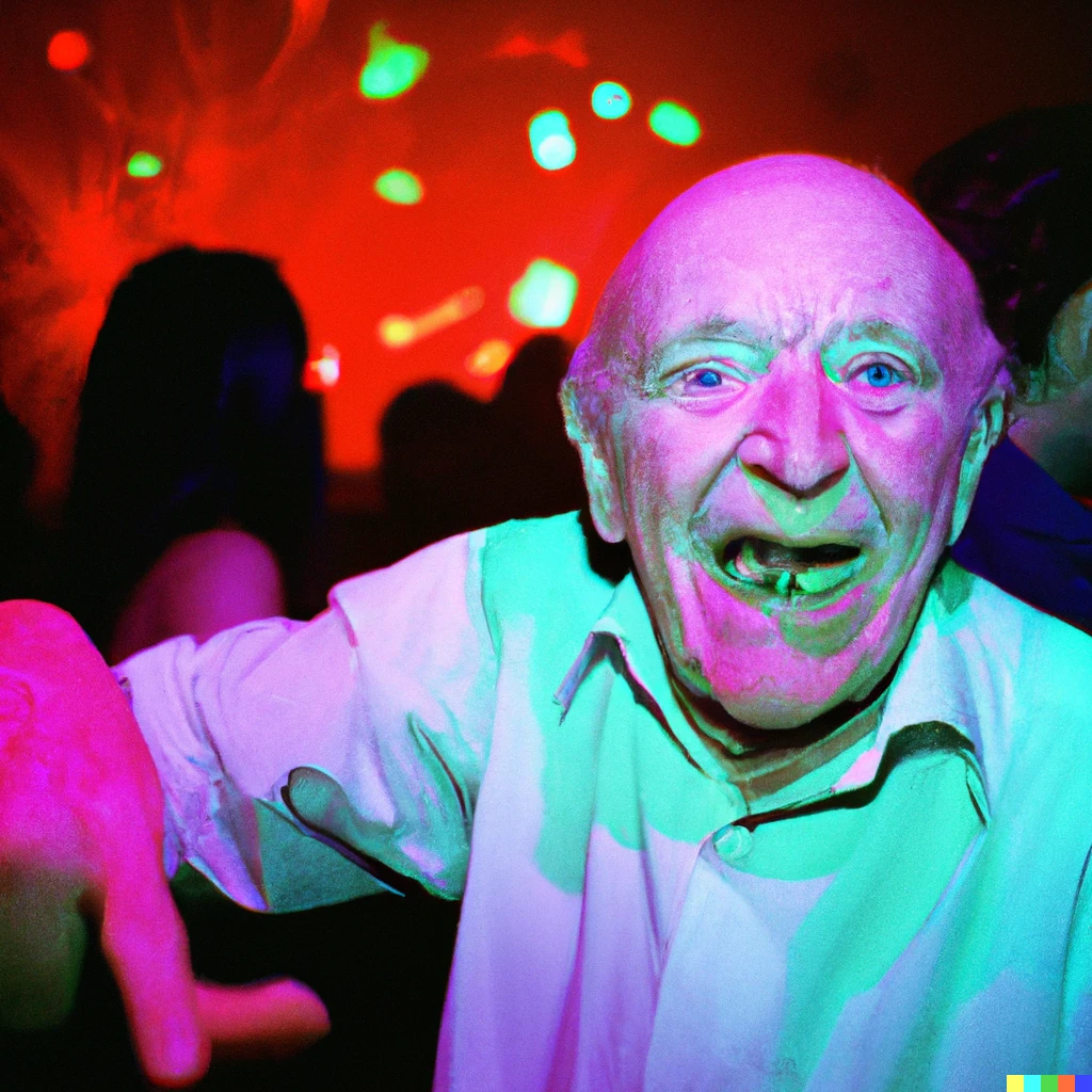 Prompt: A British Geriatric Raver partying on the dance floor. Neon lighting. Award winning photo 35mm
