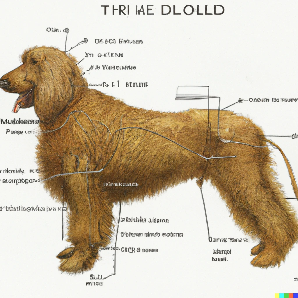 Prompt: The detailed technical drawing of the anatomy of a golden doodle dog by Leonardo Da Vinci