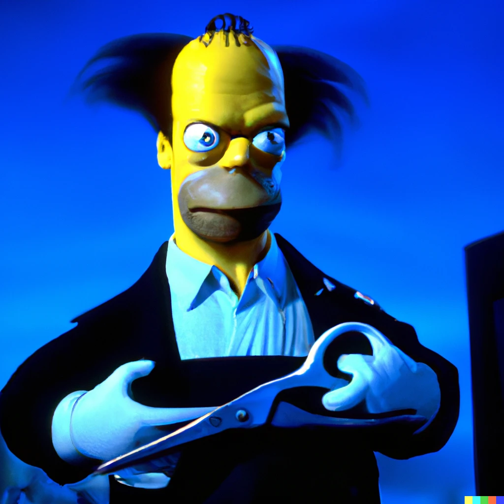 Prompt: a still of Homer Simpson in the 1990 film Edward Scissorhands
